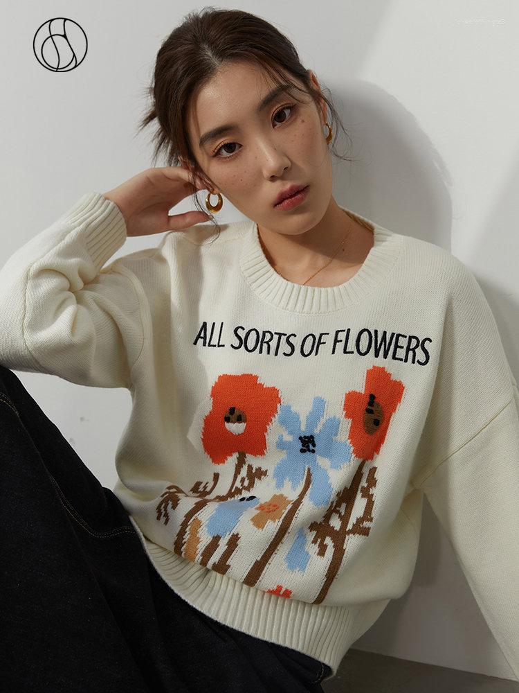 

Women's Sweaters DUSHU 14.8% Wool Women Pullovers Flower Print White Loose Drop Sleeve Sweater Winter Simple Round Neck Pullover, Beige