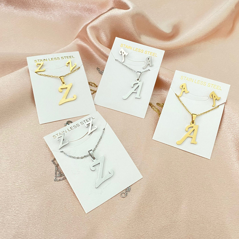 

26 Letter Necklace Stainless Steel Gold Silver Color Choker Initial Pendant Necklace and Earrings Set Women Chains Jewelry