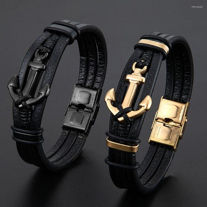 

Charm Bracelets Zlxgirl Luxury Jet Black Leather Anchor Shape Punk Bracelet 316L Stainless Steel Buckle Fashion Men Bangle Jewellery Free