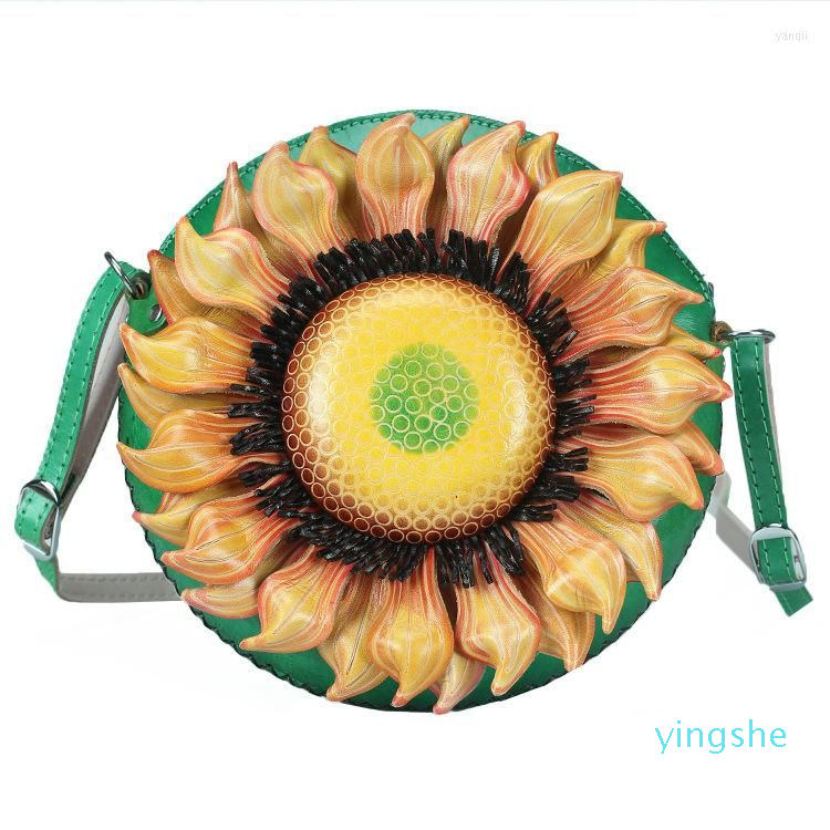 

Evening Bags Fashion Genuine Leather Women's Shoulder Bag Hand Carved Sunflower Flower Slant Cross Messenger, Green