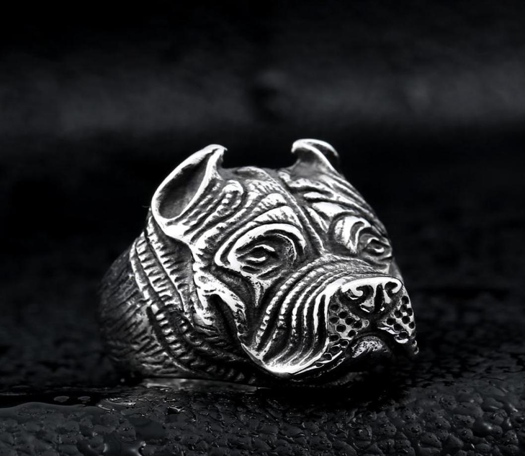 

Men039s Vintage Stainless Steel Ring Viking Pitbull Bulldog Gothic Pug Dog Head Totem Amulet Punk Animal Jewellery for Men Boys1095216