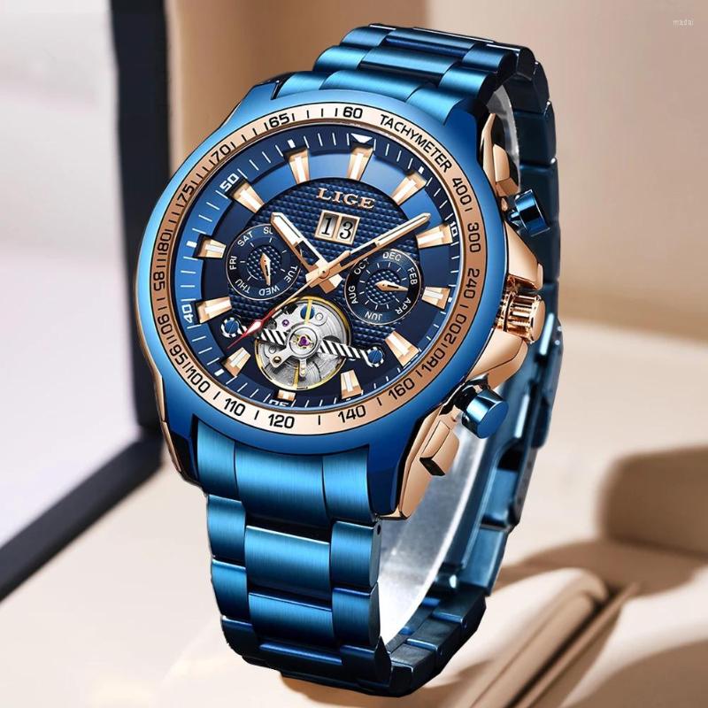 

Wristwatches LIGE 2022 Fashion Diver Watch Men Top Automatic Casual Tourbillon Mechanical Wrist Watches For, S gold blue