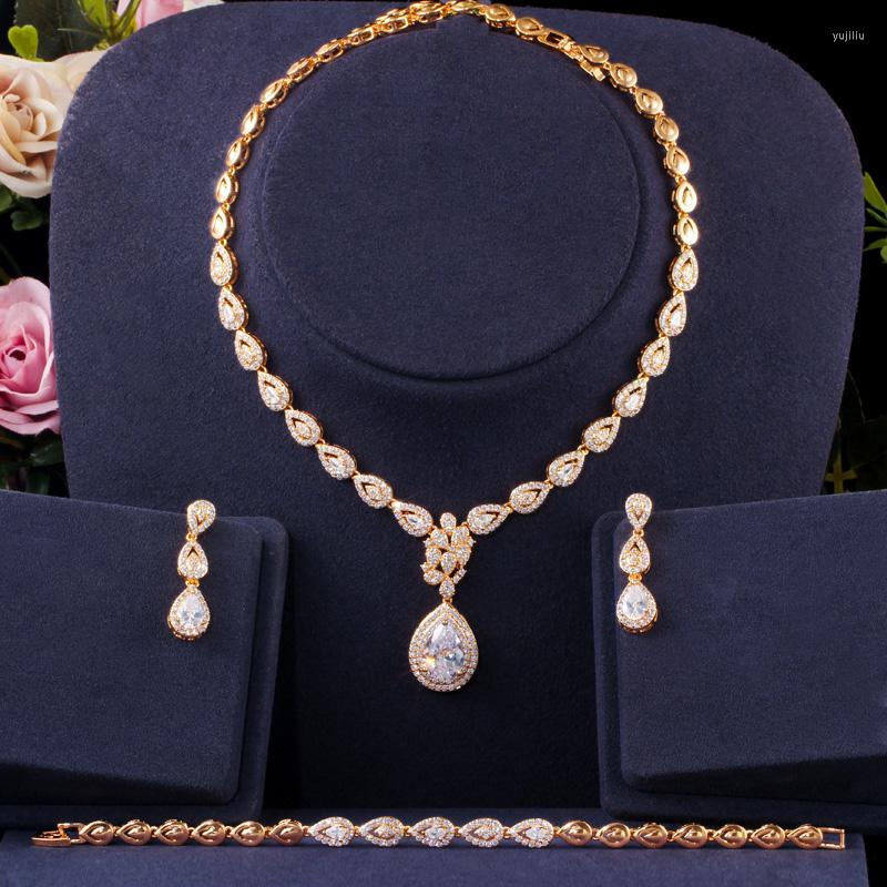 

Wedding Jewelry Sets CWWZircons Luxury Cubic Zirconia Gold Color Water Drop Earring Necklace Bracelet Party Costume Bride T402