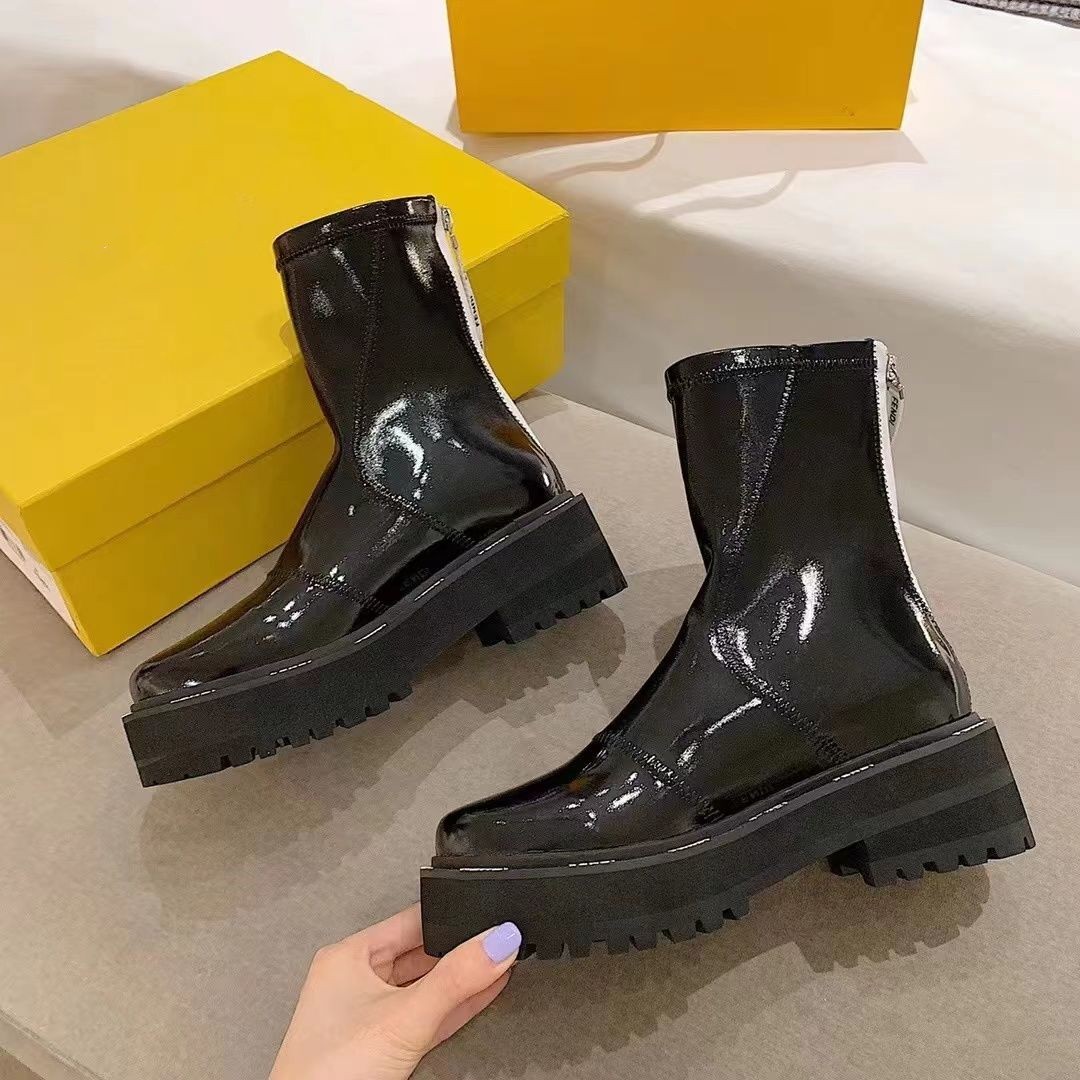 

Designer Patent leather Martin boots fashion spring and autumn women's boots round toe letter decoration temperament British style short bootss5, Black plush