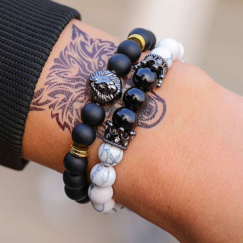 

Punk Lion 2pcs/set Hand Chakras 8mm Beaded Mens Bracelet Designer White Turquoise Black Frosted Stone Charm Man Bracelets Elastic Bangles Hiphop Jewelry Friend Gift