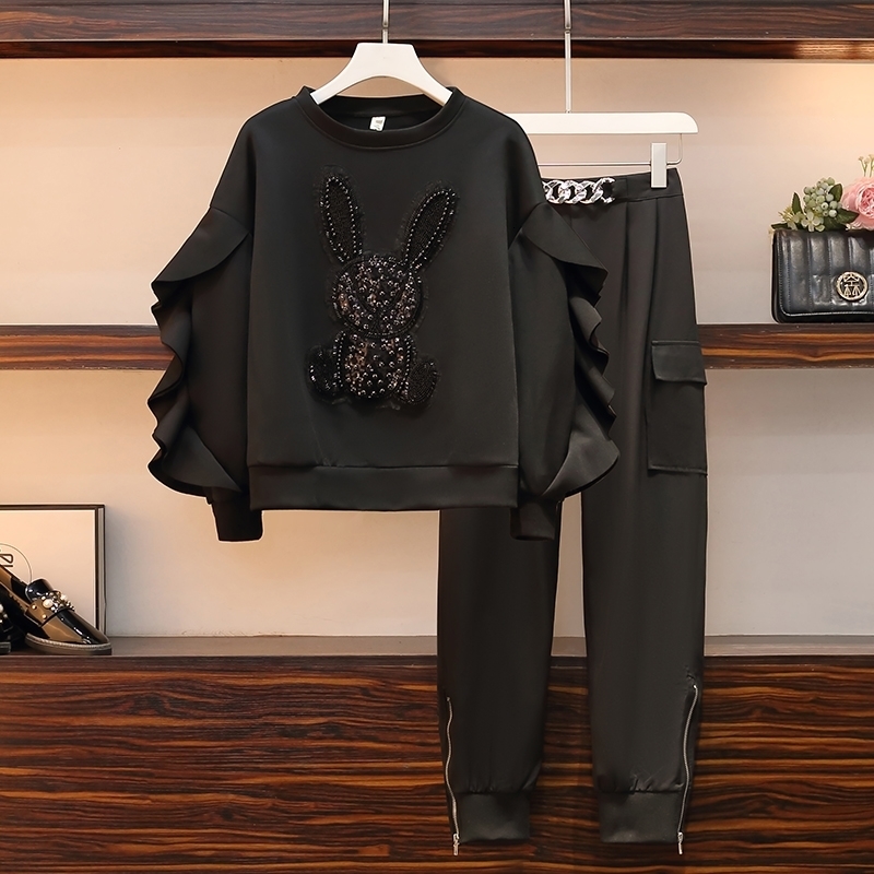 

Women's Two Piece Pants Casual sports suit women spring autumn fashion Beaded embroidery black Sweatshirt top high waist harem pants two piece sets L221130, White