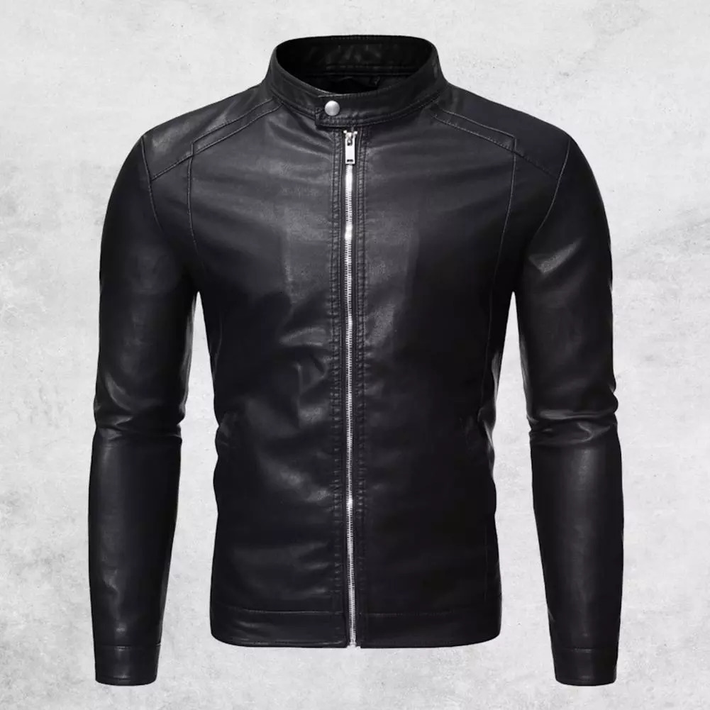 

Men's Down Parkas Motorcycle Windbreaker Zipper Closure Stand Collar Men Jacket Faux Leather Windproof Slim Outwear forP 221202, Black