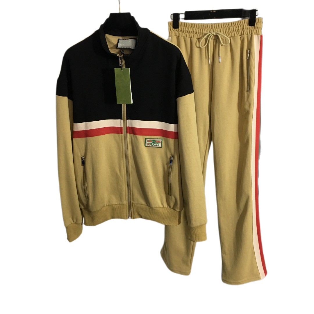 

Autumn and winter new sports suit color blocking long sleeve zipper coat stripe ribbon edge elastic waist casual trousers suit, Khaki