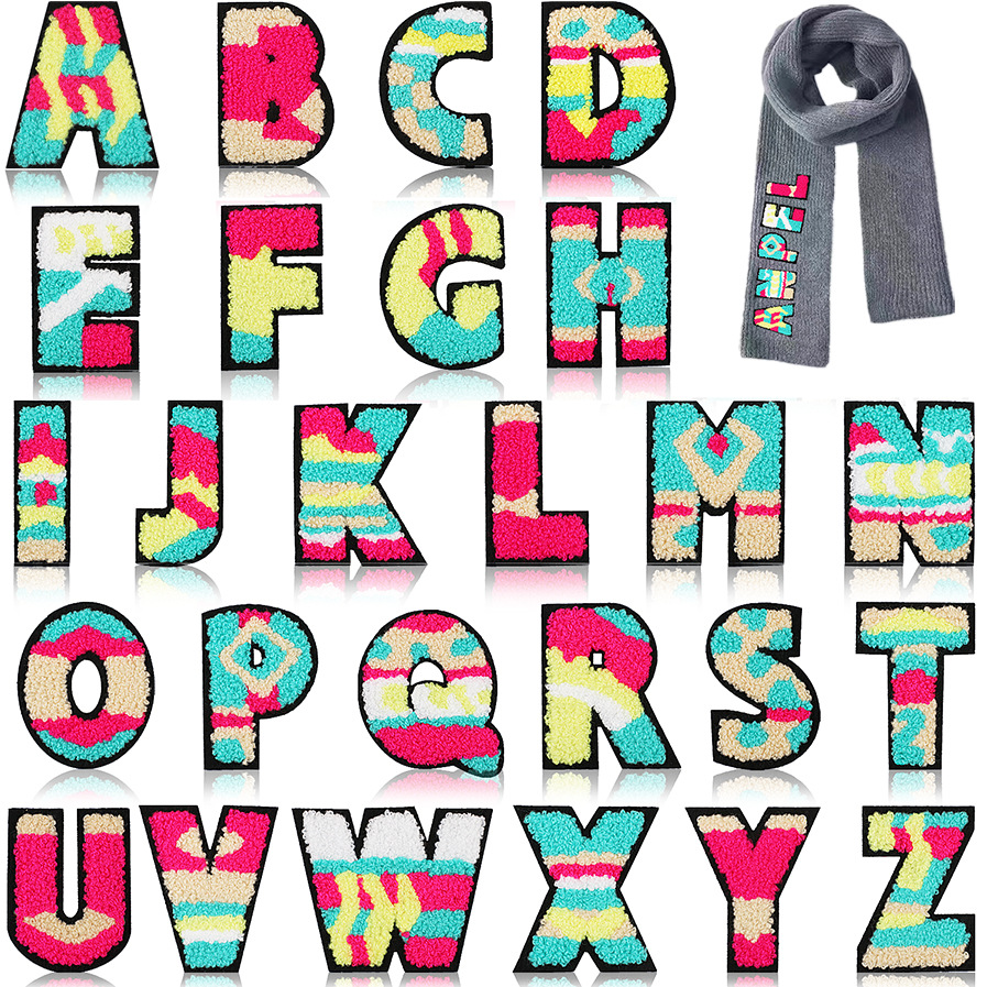 

Chenille Letter Iron on Patches Sewing Notions Colorful Camouflage Embroidered Varsity A-Z Patches Alphabet Letters Appliques for DIY Supplies