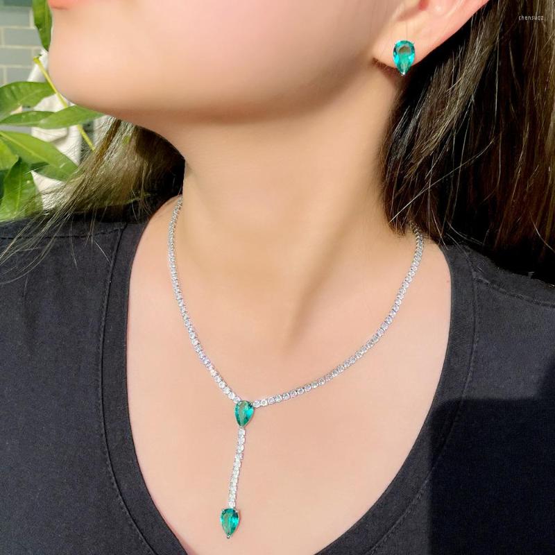 

Necklace Earrings Set CWWZircons Simple Tassel Water Drop Green CZ Crystal Women Wedding And Earring Chic Bridal Jewelry Accessories T611, Picture shown
