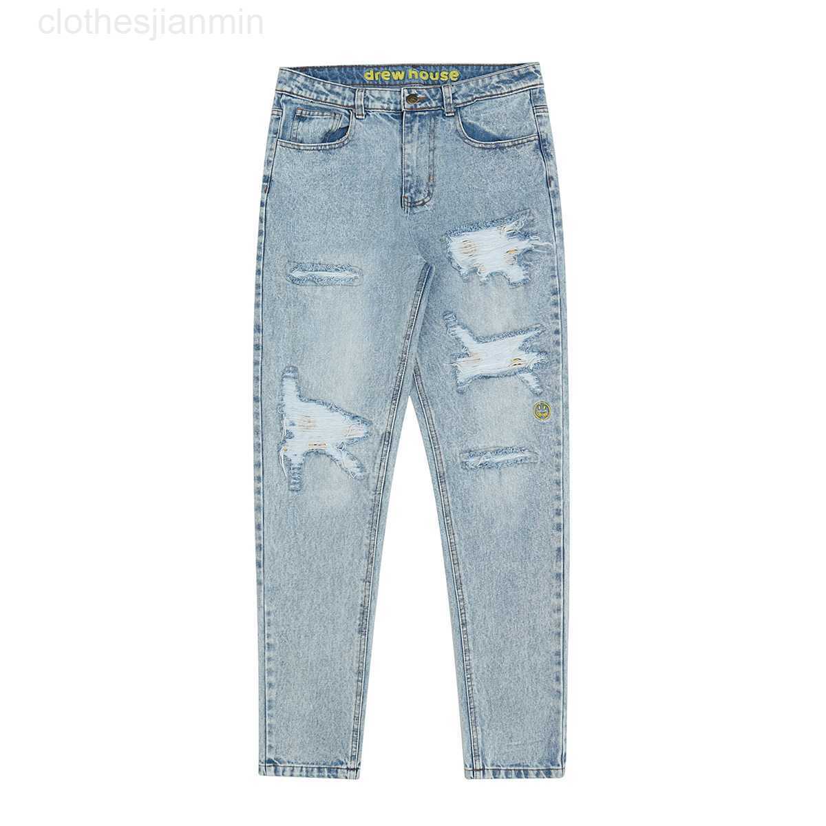 

Trendy Men's Factory Wholesale Retail Autumn Winter 2023 Drew Justin Bieber's Same Trousers Women's Fashion Brand Fog Smiling Face Embroidered Ripped Jeans Men, Wash water orchid