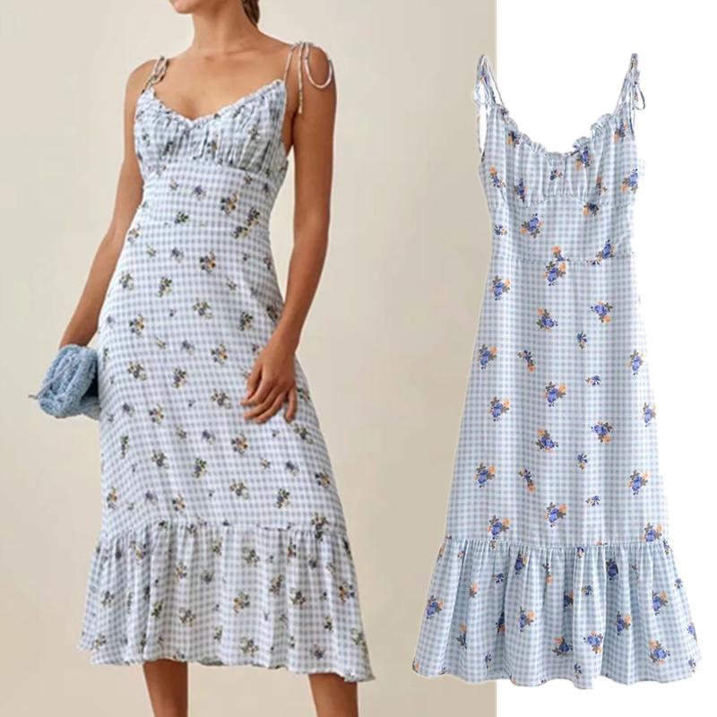 

Casual Dresses Jenny&Dave Long Dress Summer Women Ins Fashion Blogger Vintage Plaid Floral Printing Spaghetti Strapless Sexy Vneck Vesti