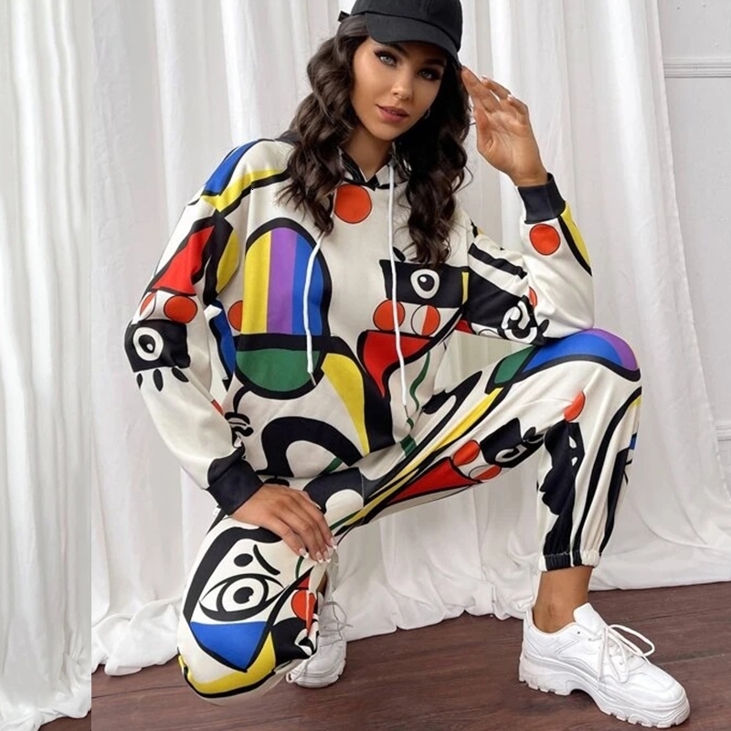 

Women's Two Piece Pants Fashion Eye Print Tracksuit Set Women Oversized Hoodies Pullover Sweatshirt Wide Leg Suit Streetwear Outfits L221130, Thin