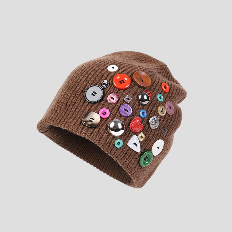 

Berets Korean Personality Colorful Button Decoration Fashion Cold Hat Men's Trendy Autumn And Winter Warm Pullover, Black