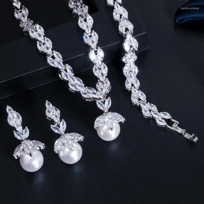 

Necklace Earrings Set CWWZircons Gorgeous Cubic Zirconia Bridal Pearl Sets For Women Wedding Party Costume Jewelry Gift T092, Picture shown
