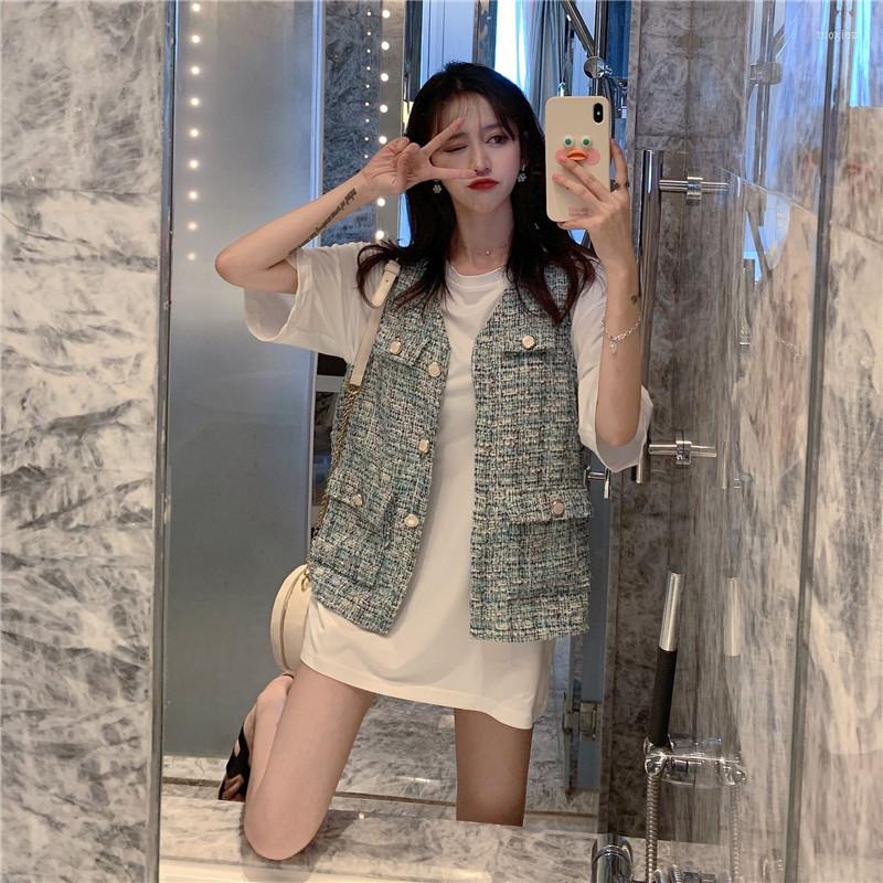 

Women's Vests Summer 2023 V-Neck Sleeveless Jackets Women Chic Fashion Sweet Pockets Loose Pink Vest Single Breasted Waistcoat, Green vest