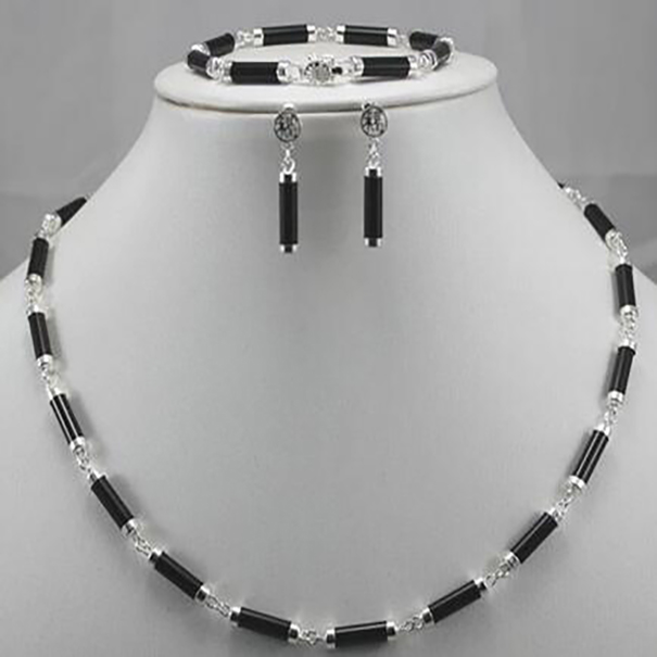

fashion Women's jewelry Black Agates 925 Silver Earring Bracelet Necklace Set