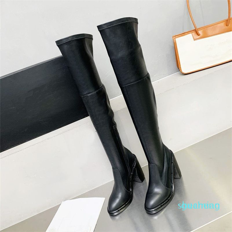 

Boots Womens Winter Over Knee Stretchy High Heel Leather Thigh High Long Slip On, Black 1