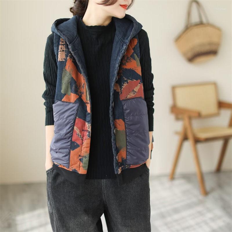 

Women's Vests Streetwear Fall Winter Waistcoat Women Vintage Denim Print Spliced Jacket Large Pocket Hooded Cotton Vest Loose Warm Coat T931, Blue