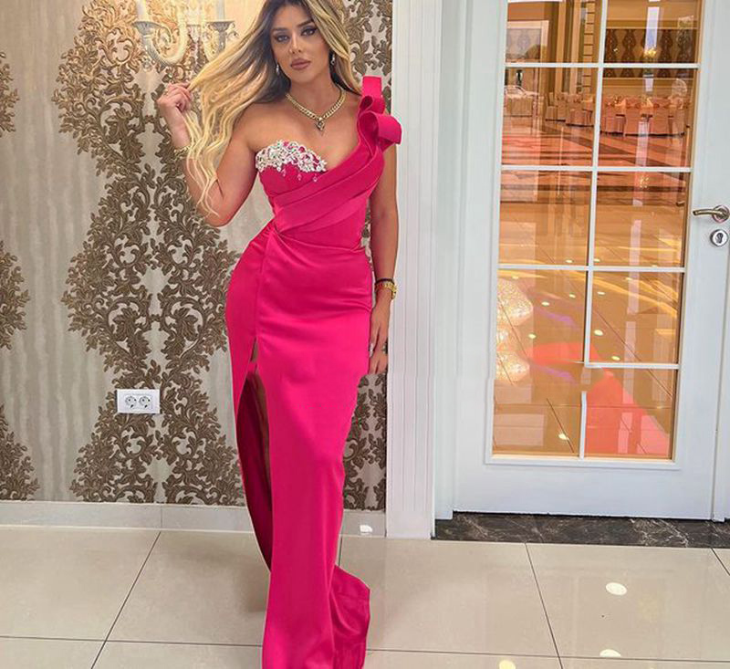

2023 Fuchsia Mermaid Princess Evening Dresses Satin Pleat Robe de Soiree Side Split Beading Prom Gowns Vestidos De Fiesta, Lilac