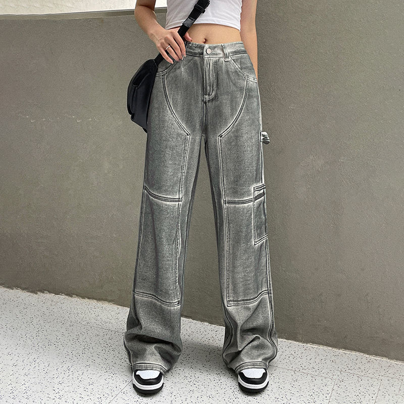 

Women's Jeans Fashion Street Vintage Distressed Washed High Waisted Woman Casual Patchwork Straight Baggy Pants 221201, Champagne
