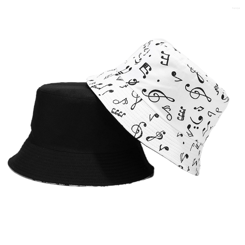 

Berets 2022 Musical Note Pattern Bucket Hats Unisex Double-sided Wearing Panama Women Summer Outdoor Travel Sun Protection Basin Caps