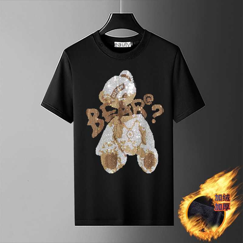 

Men's T-shirts Dancy Fels Plush Short Sleeved Autumn and Winter Round Neck Bottoming Fashion Brand Guillotine Bear Hot Drilling T-shirt Half Sleeveti2oti2o, Black