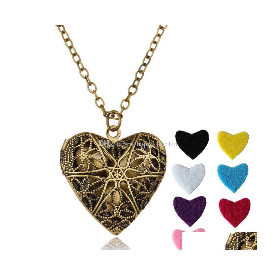 

Pendant Necklaces Vintage Heart Shaped Essential Oil Diffuser Necklaces Hollow Floating Aromatherapy Locket Pendant Long Chain For W Dhlkd