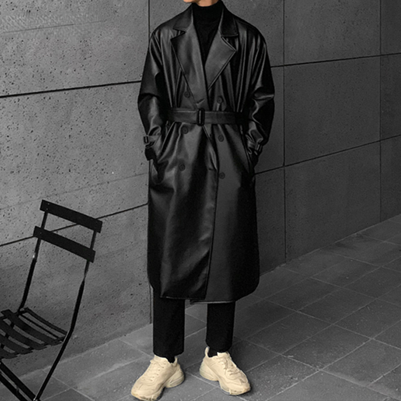 

Men's Leather Faux Spring Autumn Long Black Oversized Trench Coats Men Belt 221201