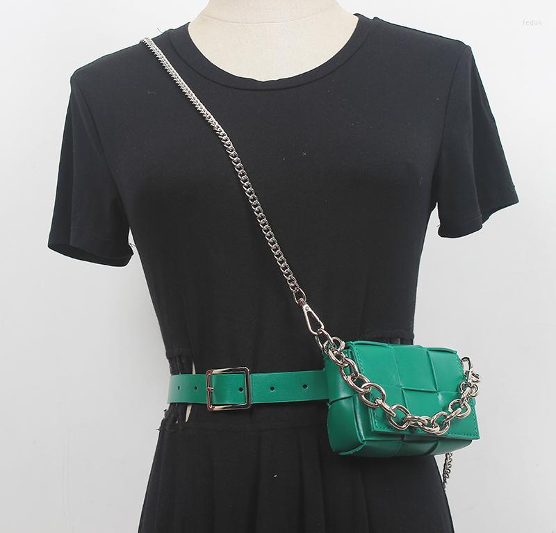 

Waist Bags 2022 Design Braided PU Bag For Women Green Leather Belt With Mini Money Street Chain Fanny Pack Messenger
