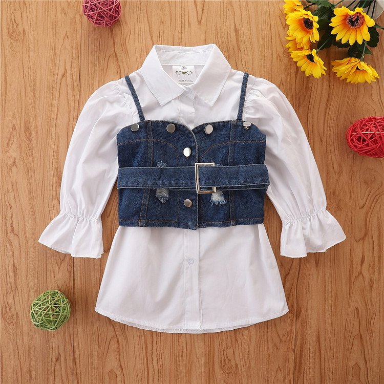 

Spring Fall Kids Baby Girls Clothes set Long Sleeve White Shirt Dress Denim Vest Girdle Outfits Kids Clothing 1-6Y, As picture