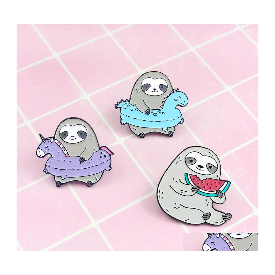 

Pins Brooches Sloth Swim Ring Eat Watermelon Personality Creative Brooch Cartoon Special Tide Lapels Denim Coat Badge Pins Accessory Dh7Bu