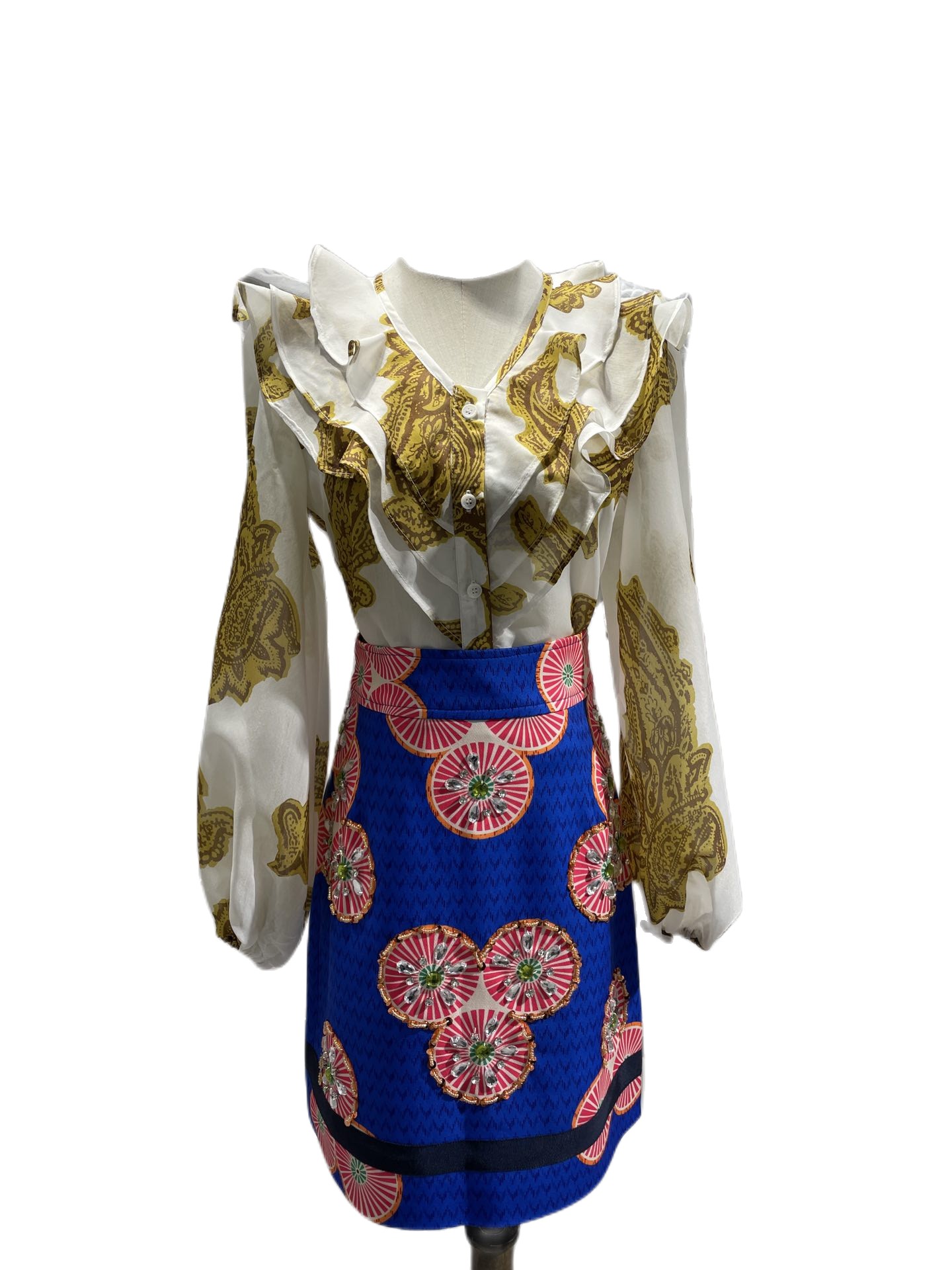 

New style lady ruffle v-neck heavy engineering locating pin beaded skirt, Customize