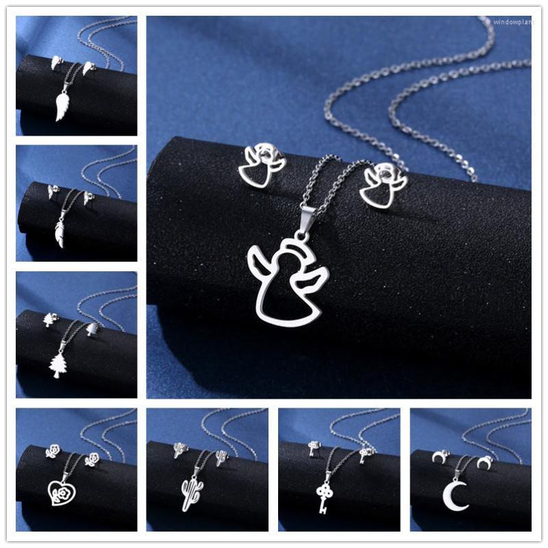 

Necklace Earrings Set 45cm Stainless Steel Sliver Plated Earring For Women Man Cute Ghost Choker Pendant Engagement Jewelry, Picture shown