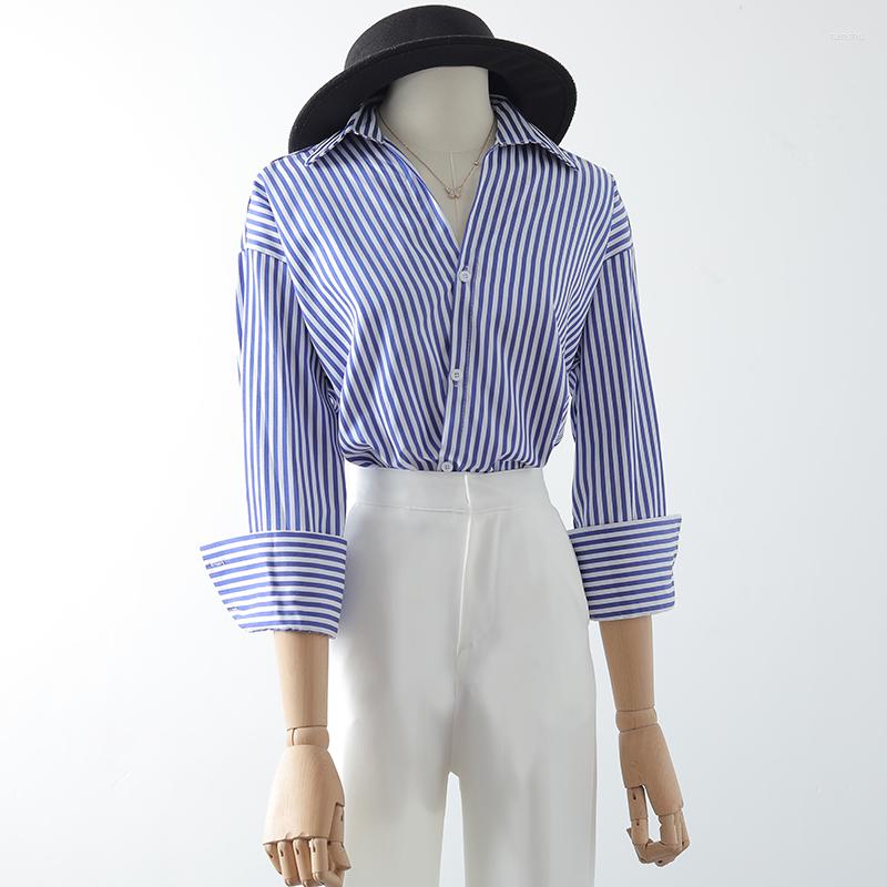 

Women' Blouses Striped Women Shirts 2022 V-Neck Turn-Down Collar Long-Sleved Loose Office Lady Elegant Outwear Tops, Blue