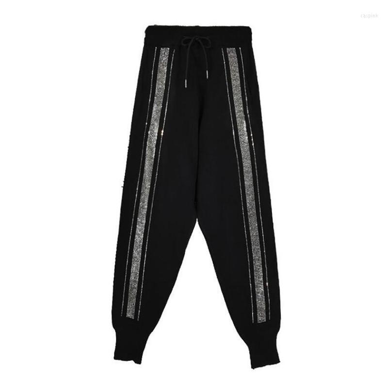 

Women' Pants Diamonds Glitter Women Autumn Black White Shiny Stripe Casual Sweatpants Female Knitted Harem Trousers S1674