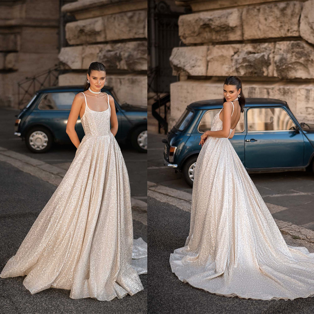 

Sparkly A Line Wedding Dress Sexy Spaghetti Straps Sequined Backless Bridal Gowns vestido de casamento, Dark green