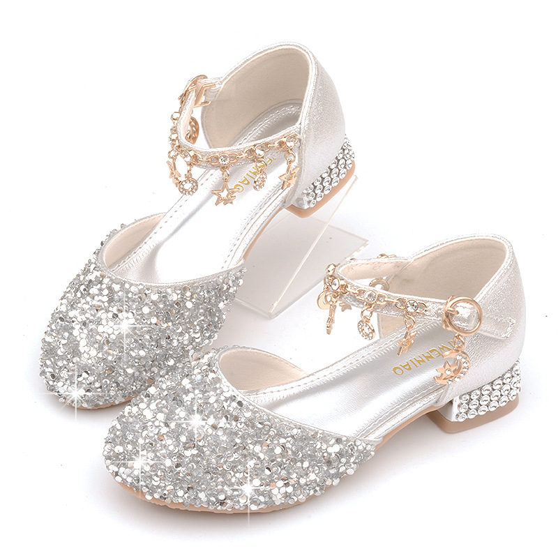 

Children's shoes shiny gold chian spring and autumn girls' Diamond low heel princess shoes pearl tide flower gilrs' Kitten heels