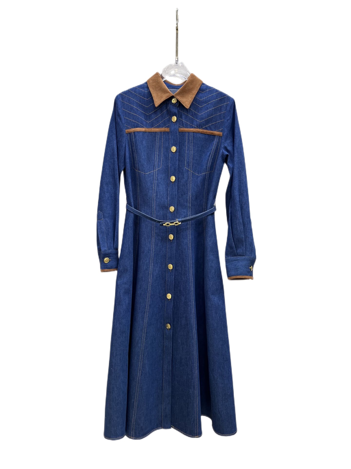 

Autumn and winter temperament new denim wash color contrast dress with fashionable color contrast line design of belt, Blue