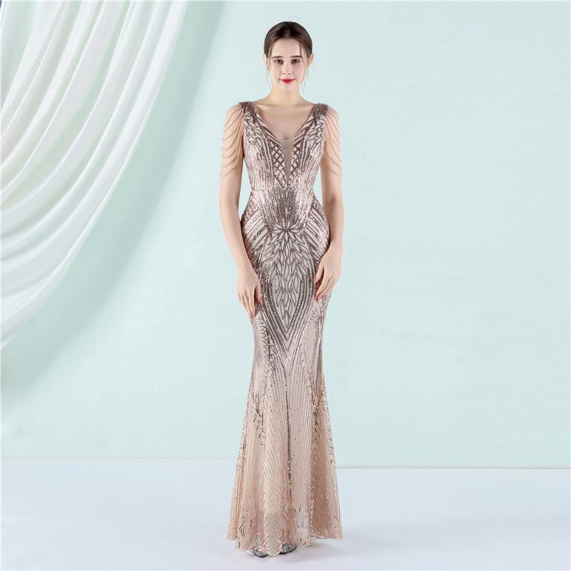 

Casual Dresses 2022 Women Elegant V-neck Sleeveless Beading Evening Dress Sexy Mermaid Sequin Floor Length Party Vestidos, Apricot silver