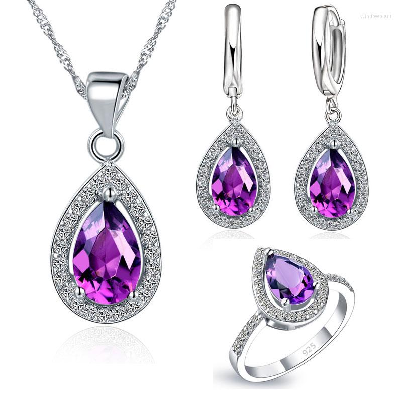 

Necklace Earrings Set Free Ship Purple Water Drop Cubic Zirconia CZ Stone 925 Sterling Silver Necklaces Finger Rings, Picture shown