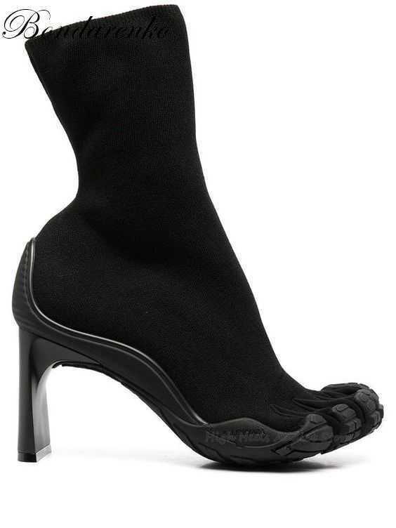 

New Women Five Finger Sock Boots Split-toe Pull-on Leather Booties Toe Heeled Black Pink White Luxury Design Runway Shoes 221201, Pink knitwear