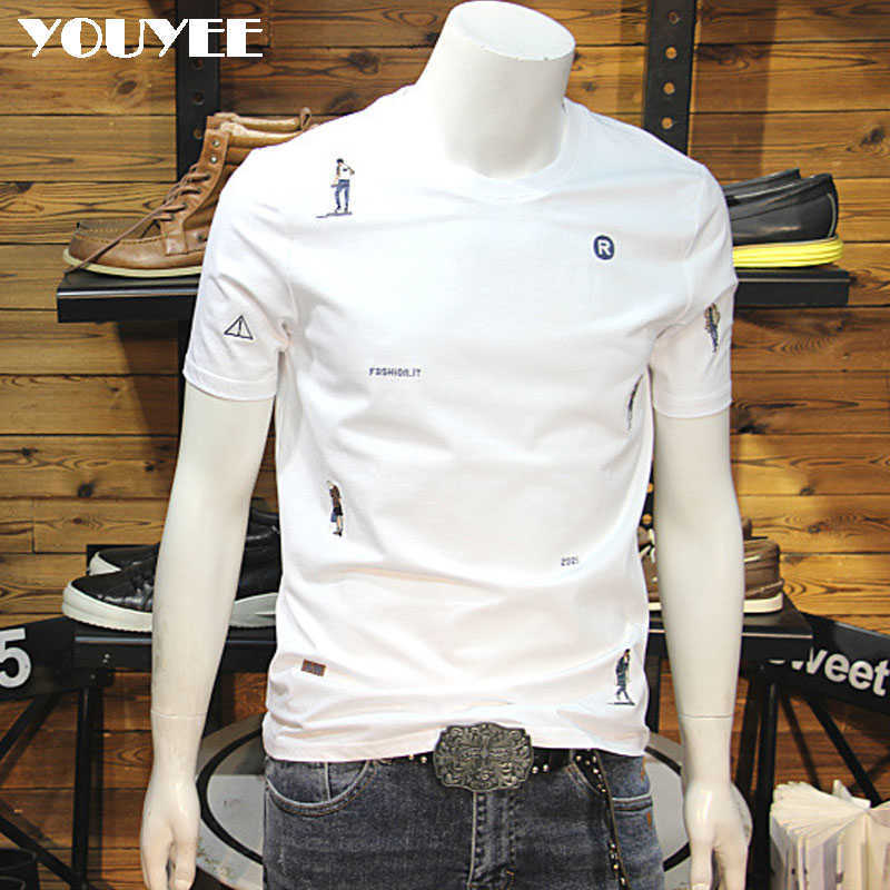 

Men's T-Shirts Summer Mercerized Cotton Men's T-shirt Embroidery 2022 Slim Round Neck Elastic Short Sleeve Youth Handsome Fashion Tees Clothes T221130, White