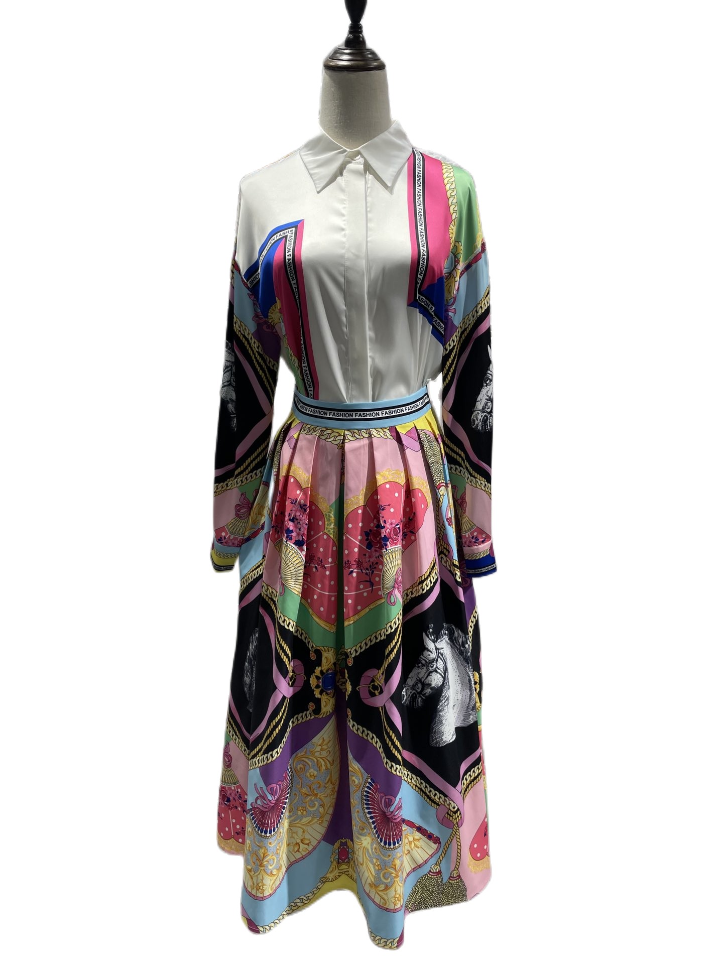 

Temperament New Printed Shirt Top Big hem Pleated Half Skirt Two Piece Set, Customize