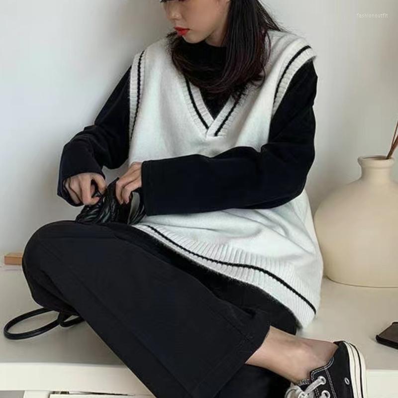 

Women's Vests Sweater Knitted Vest Pullover Body Warmer Ladies Brown Waistcoat Female Autumn Warm Pinstripe 2022 Women Clothing