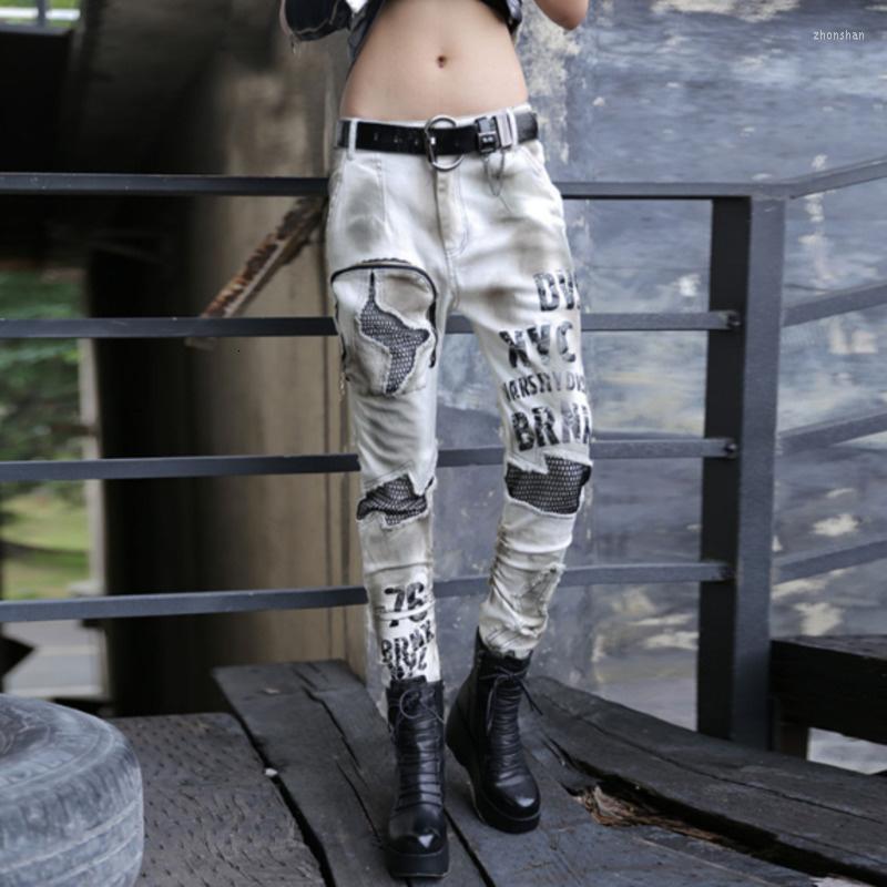 

Women' Jeans #3026 Low Waist Trousers Women Autumn Casual Slim Denim Pencil Pants Ladies Letter Patchwork Spliced Pockets Bodycon, White pants