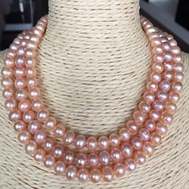 

triple strands south 7-8mm south gold pink pearl necklace 17"19"14k/20