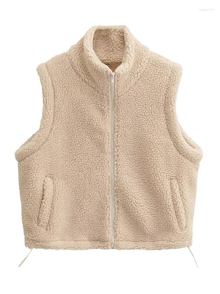 

Women' Vests Evfer Autumn Chic Lady Faux Fur Beige Sleeveless Long Vest Girl High Collar Winter Casual Zipper Plush Outwear Womens Jackets