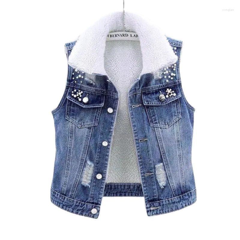 

Women's Vests Women Denim Vest Autumn Winter Lamb Wool Cotton Lining Warm Coat Ladies Cowboy Waistcoat Women's Short Korean Sleeveless, Blue