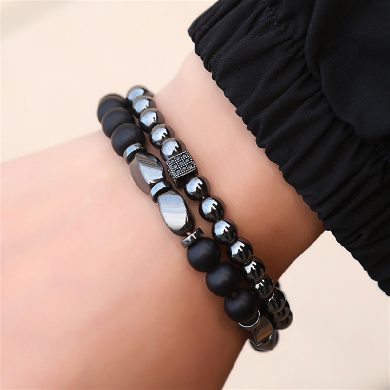 

Charm Zirconia Square Hand Chakras Mens Designer Bracelet Beaded 2pcs/set 8mm Black Frosted Stone Man Bracelets Elastic Bangles Fashion Hiphop Jewelry